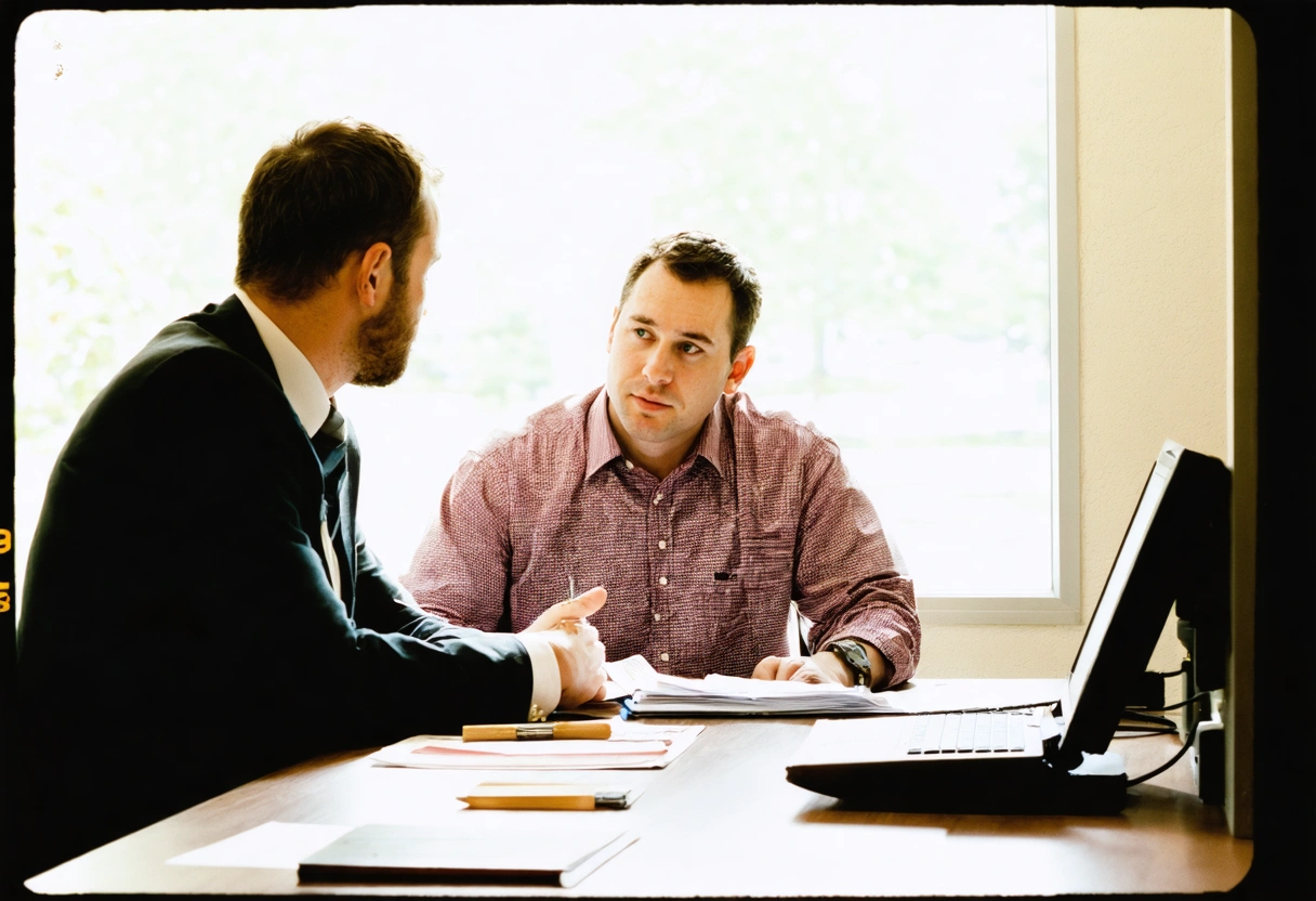 Business manager interviews locksmith at desk in sunlit Englewood office, documents and checklist present