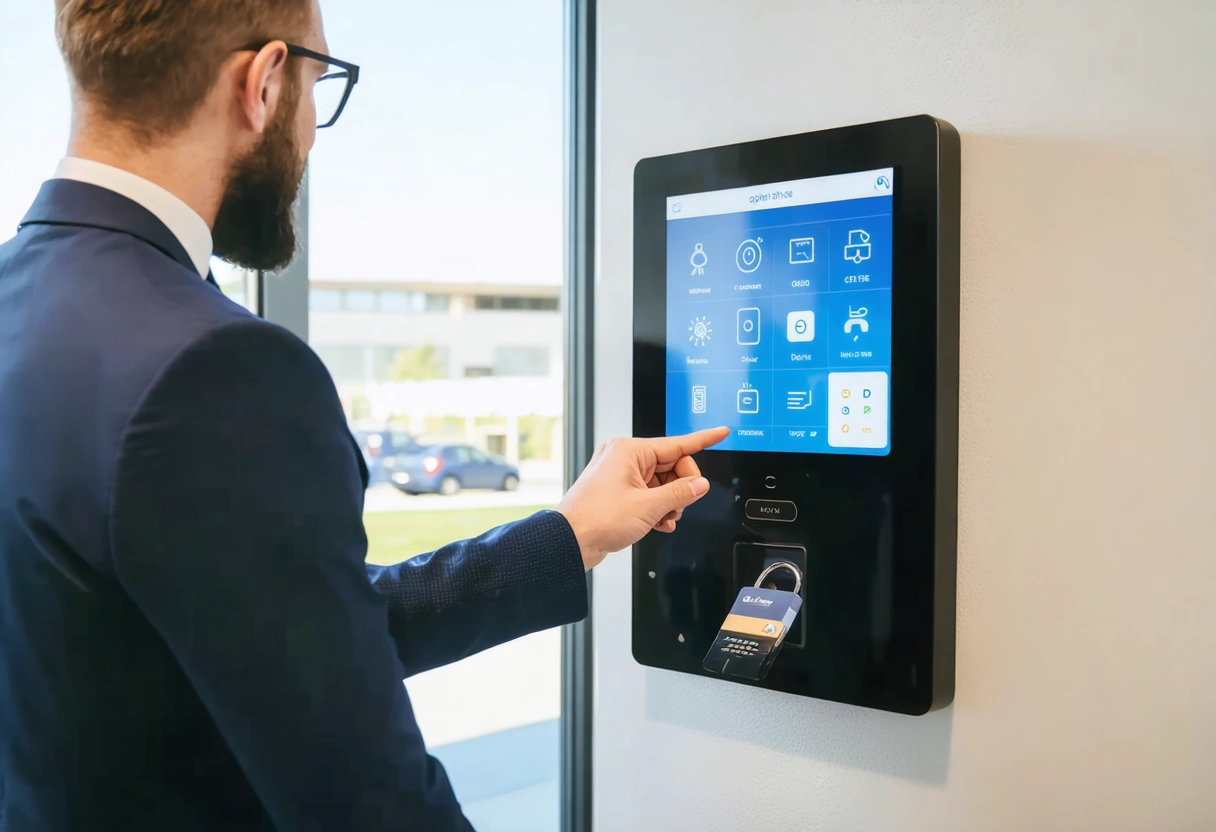 Locksmith demonstrates digital access control panel to employees in Englewood office, training materials displayed