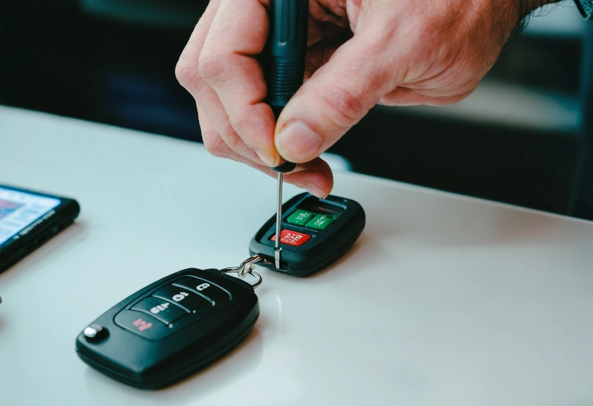 Person replacing coin-cell battery in key fob with small screwdriver on table