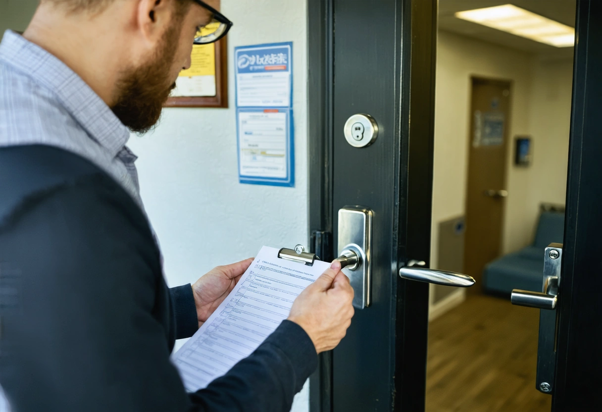 Professional locksmith inspects commercial door lock with checklist in Englewood lobby, compliance certificates visible