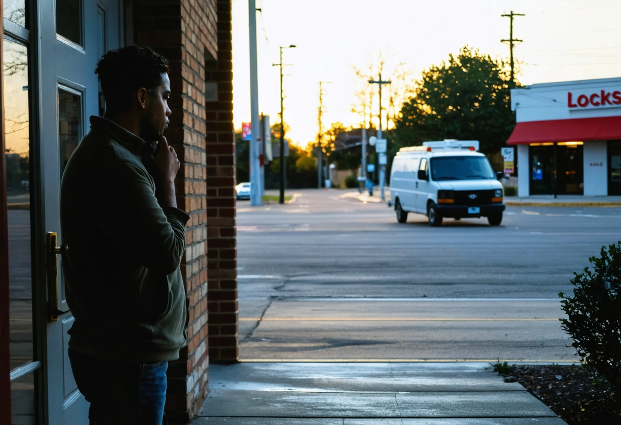 Worried employee calls outside locked business at dawn as locksmith van arrives, empty street, sunrise