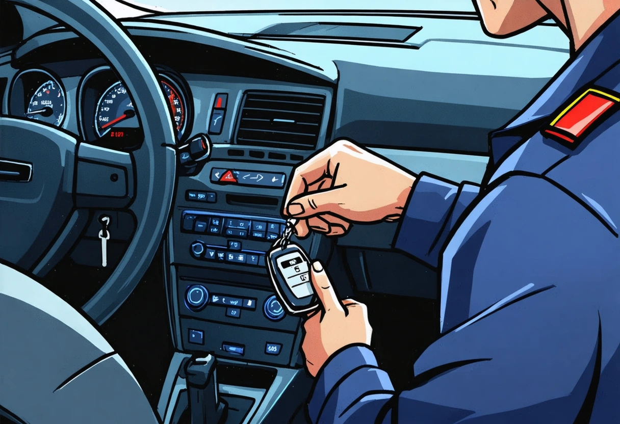 Automotive locksmith using diagnostic tools on car dashboard with key fob nearby