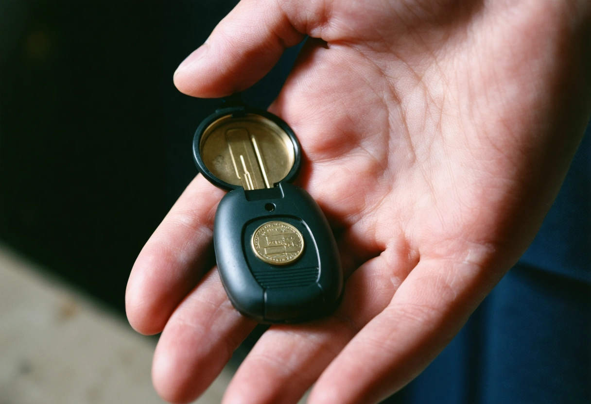 Hand holding open key fob with visible coin-cell battery on clean background