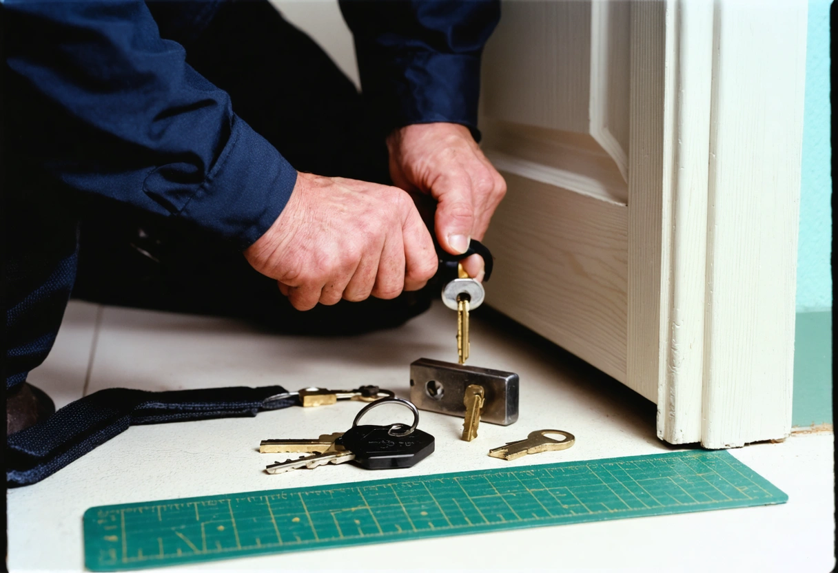 Locksmith re-keying a door lock cylinder with tools and new keys on a mat
