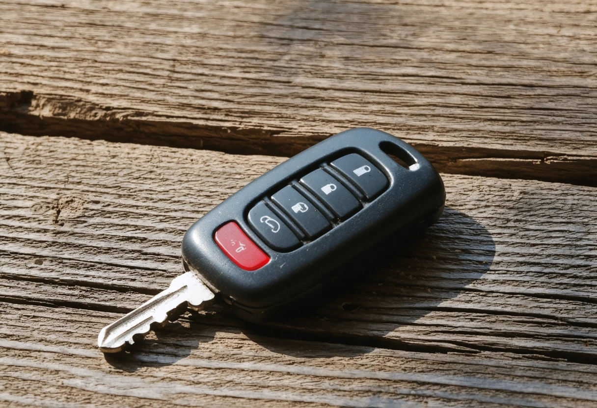 Worn car key fob with faded buttons resting on weathered wooden table
