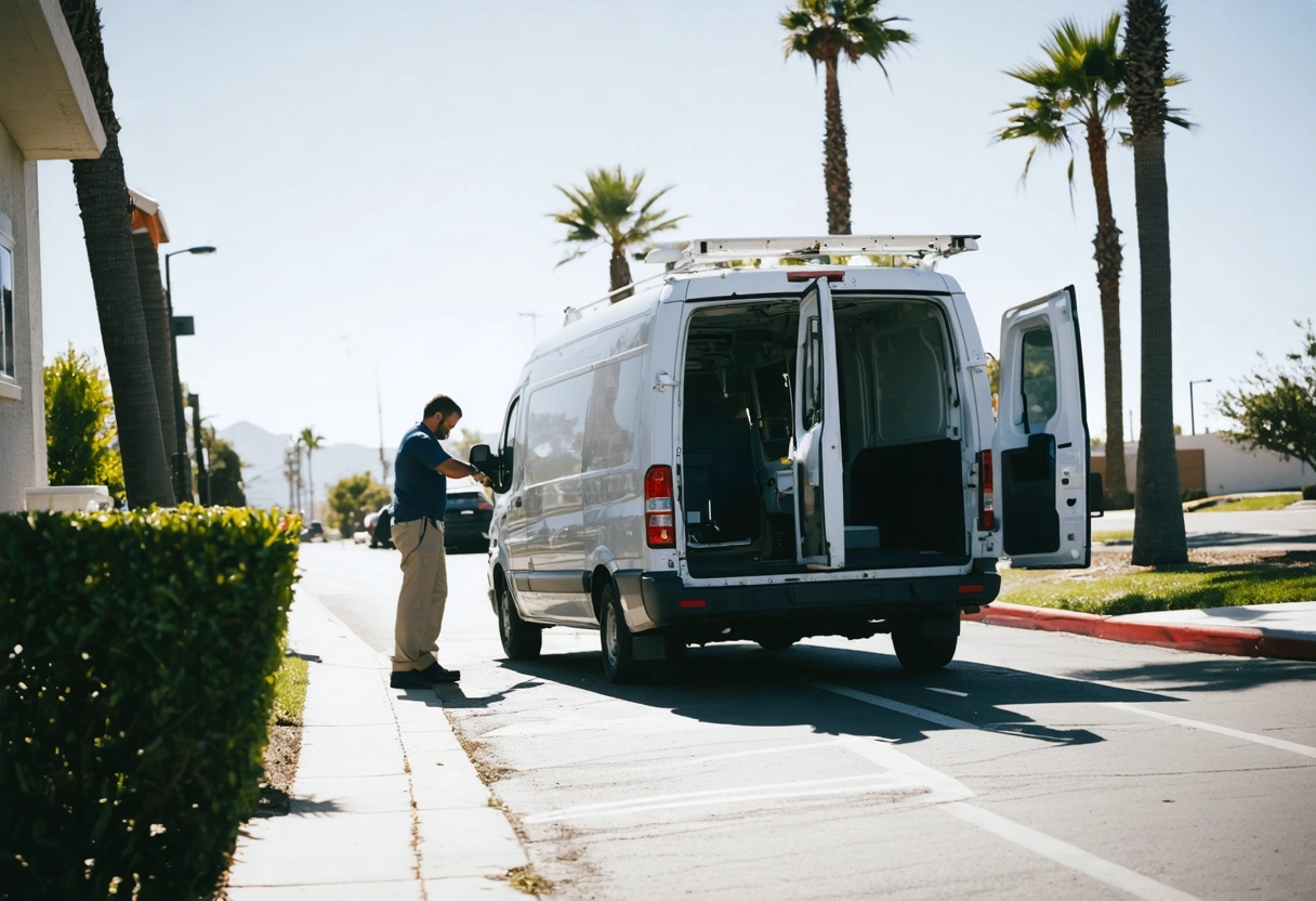 Locksmith assists driver with key fob beside mobile van under palm trees in sunlight