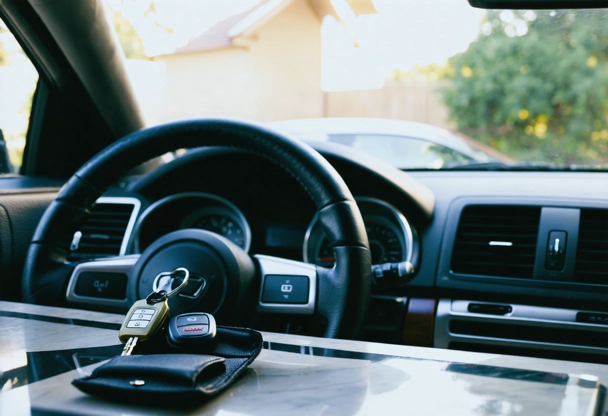 Car key fob in signal-blocking pouch on kitchen counter with steering wheel lock nearby
