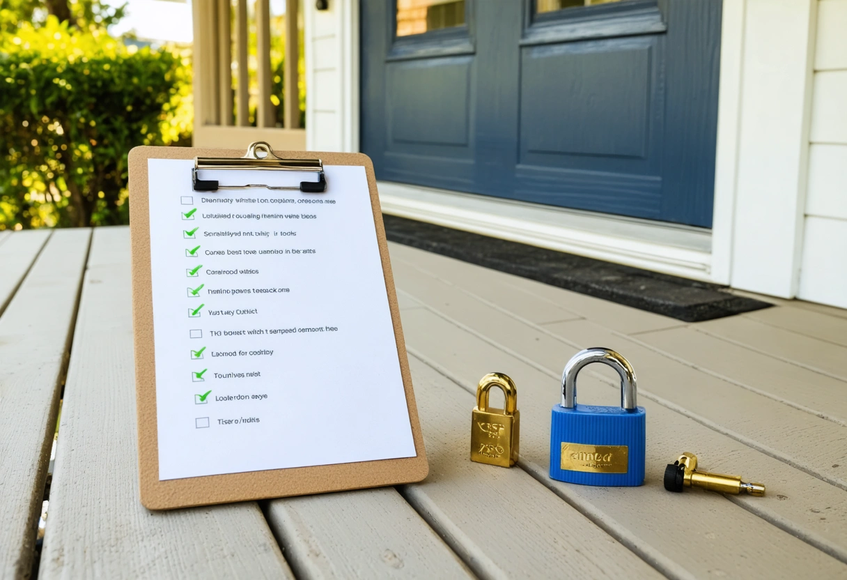 Maintenance checklist on clipboard beside cleaned locks and lubricant on a Florida porch in morning light
