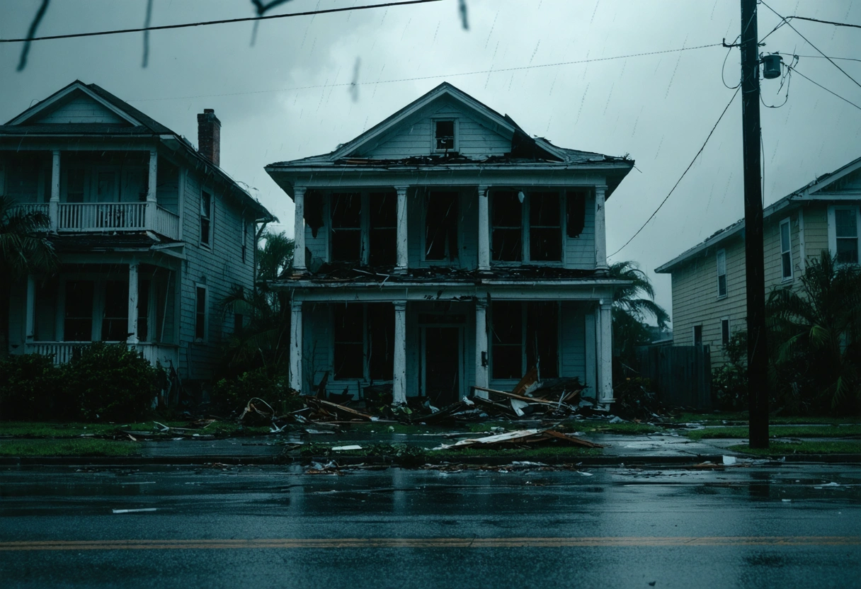 Coastal Florida neighborhood during hurricane with power outage, damaged door lock, and flying debris