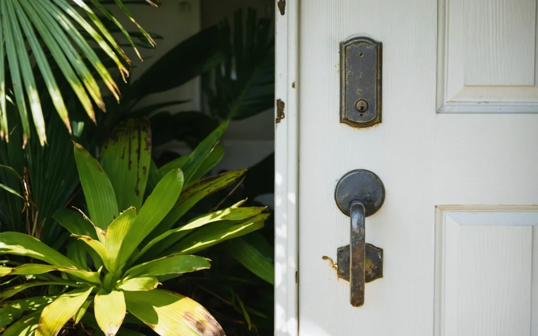 Front door lock with corrosion on Florida coastal home, tropical plants in background, morning light.