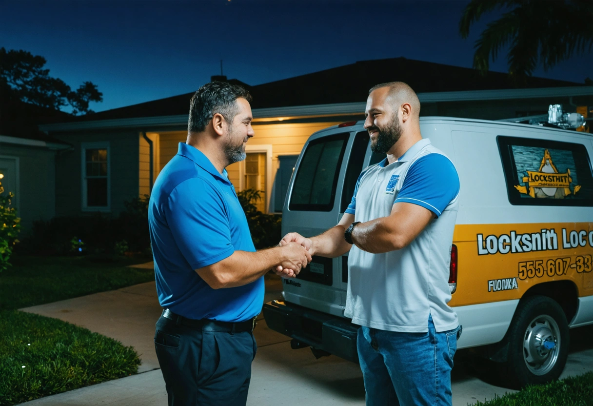 Locksmith shakes hands with relieved homeowner outside Florida house at night, van in background
