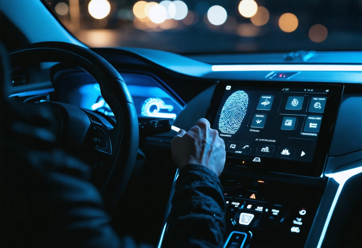 Driver reaching for biometric fingerprint scanner on futuristic car dashboard with glowing interface