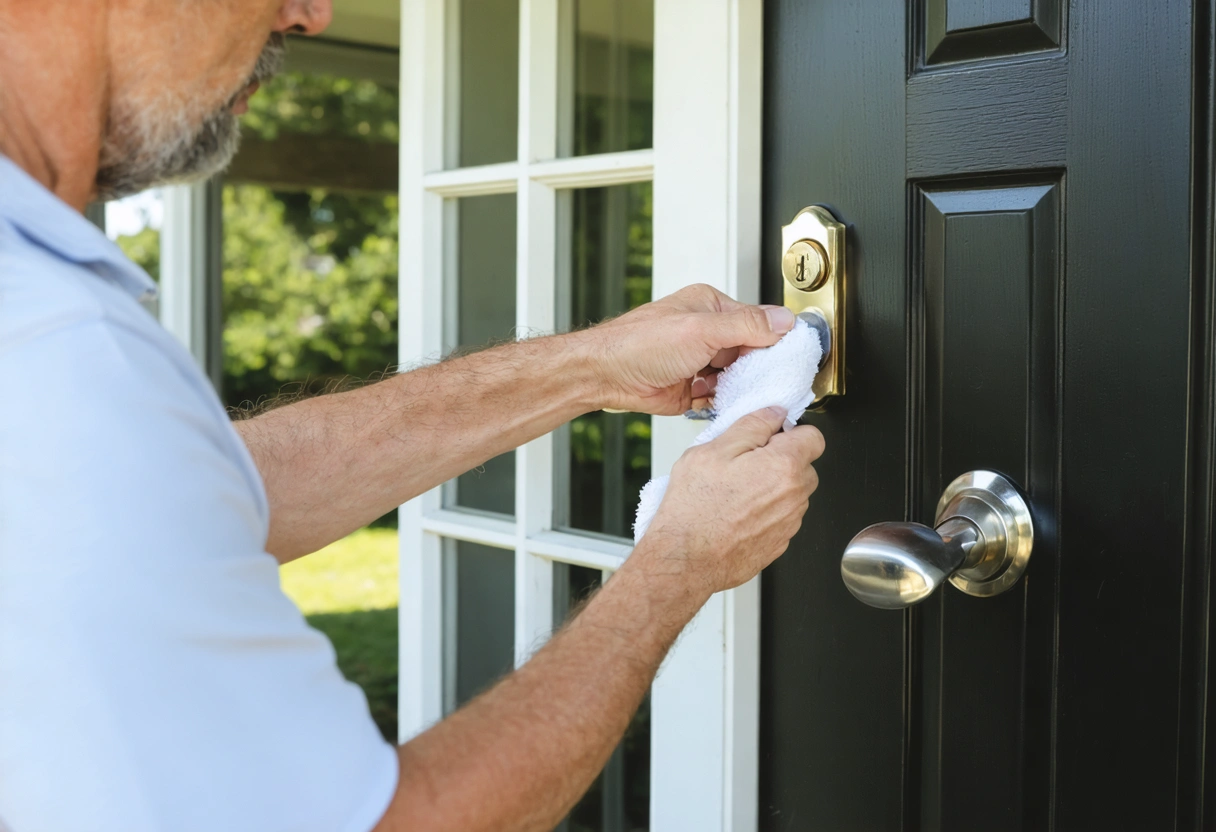 Homeowner’s hands cleaning a front door lock with brush and cloth on a Florida porch