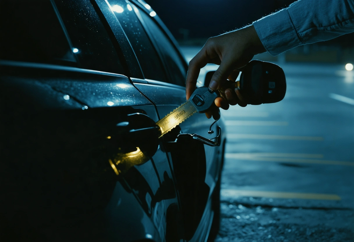 Locksmith unlocks modern car door at night in parking lot, vehicle interior softly illuminated