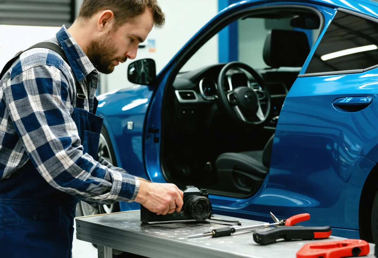 Mechanic installing keyless entry system in car with tools and open door in garage