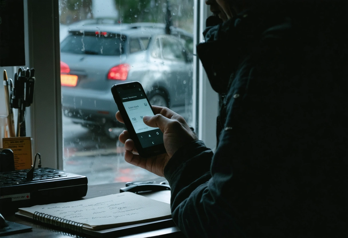 Person saves locksmith contact on smartphone at home, emergency numbers on notepad nearby