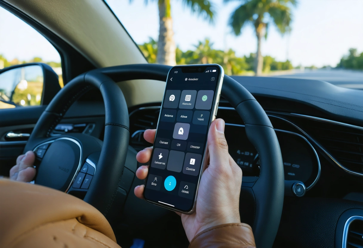 Person in car using smartphone digital key app with palm trees visible outside