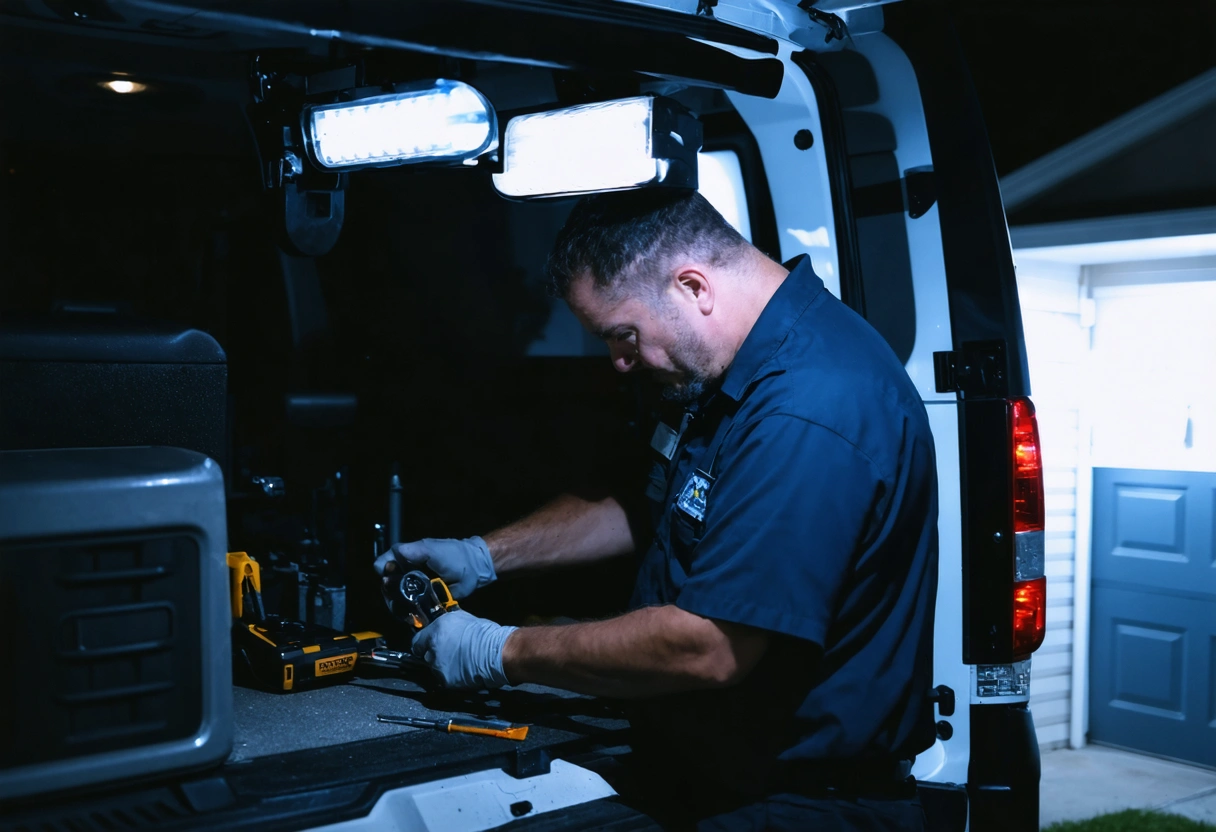 Locksmith in uniform repairs residential lock at night with tools and emergency van nearby
