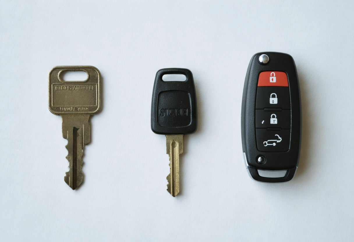 Three types of car keys from different eras displayed on a table, showing evolution