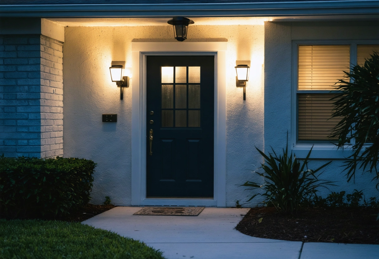 Florida home exterior with storm doors, trimmed landscaping, and visible security cameras at dusk
