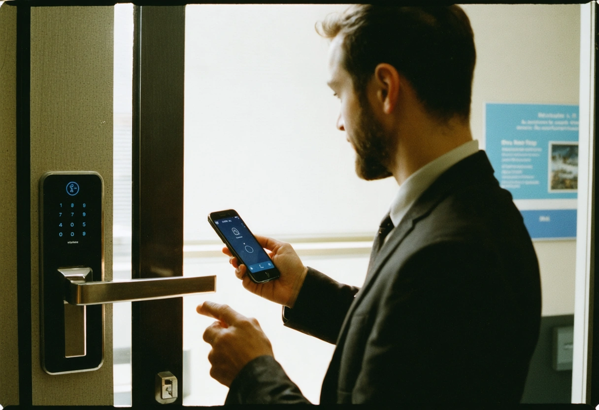 Business owner unlocking office door with smartphone app, digital lock and modern workspace visible