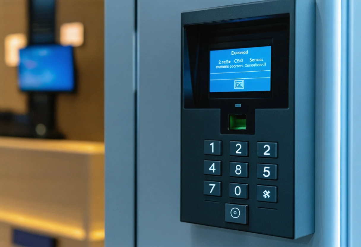 Close-up of access control panel with card reader, keypad, and biometric scanner in modern office
