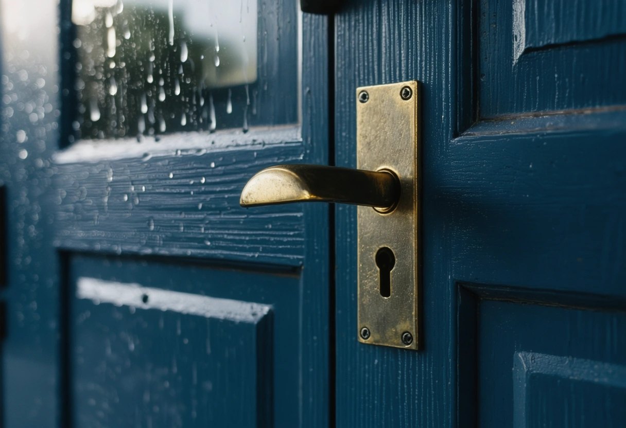 Close-up of reinforced door with Grade 1 deadbolt and hurricane-rated hardware in rain