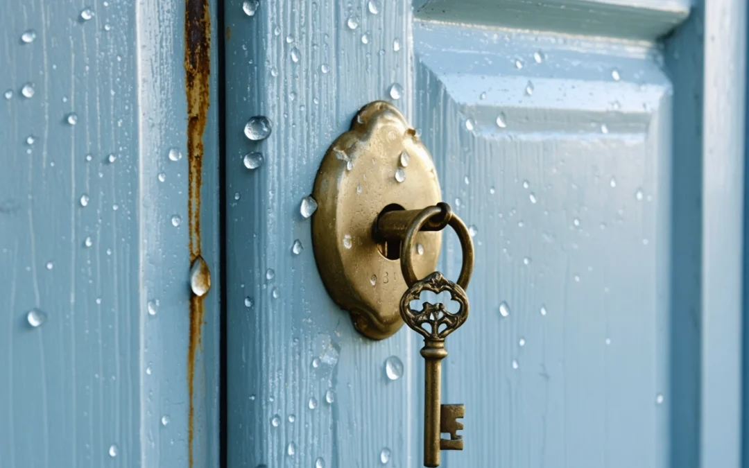 Weathered brass door lock with condensation, showing corrosion in humid coastal Florida environment.
