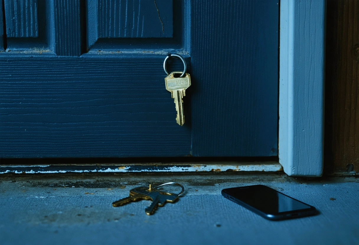 Broken key stuck in front door lock at night with keys and smartphone on ground