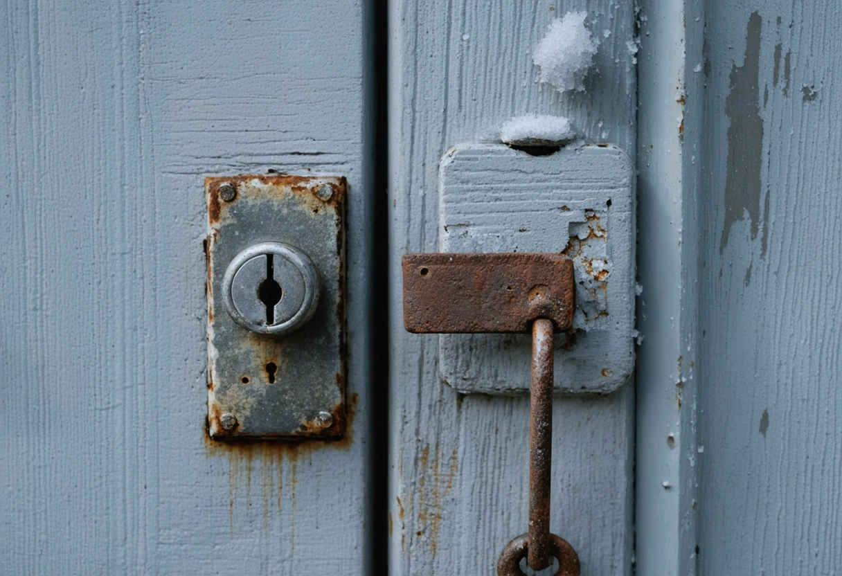 Close-up of a rusty door lock with salt residue against a foggy Florida coastal background