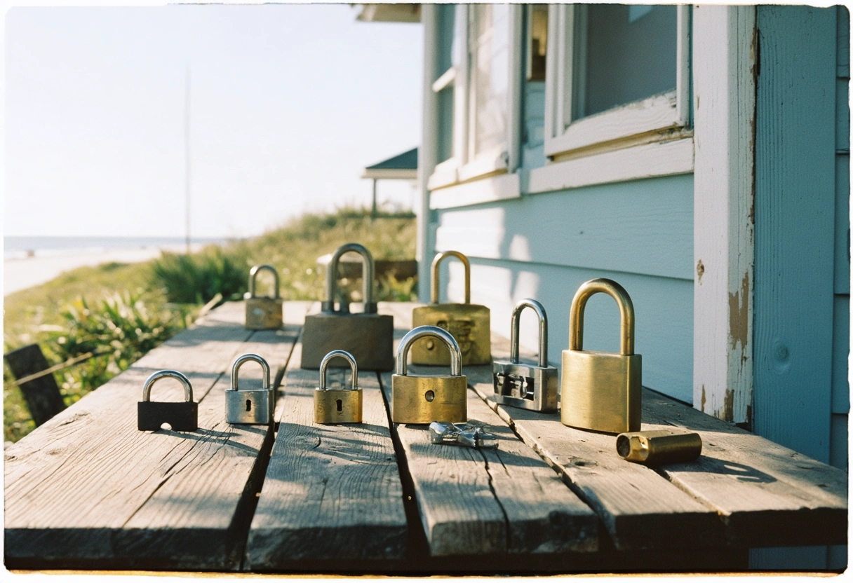 Stainless steel and brass locks displayed on a wooden table with a sunny Florida home backdrop