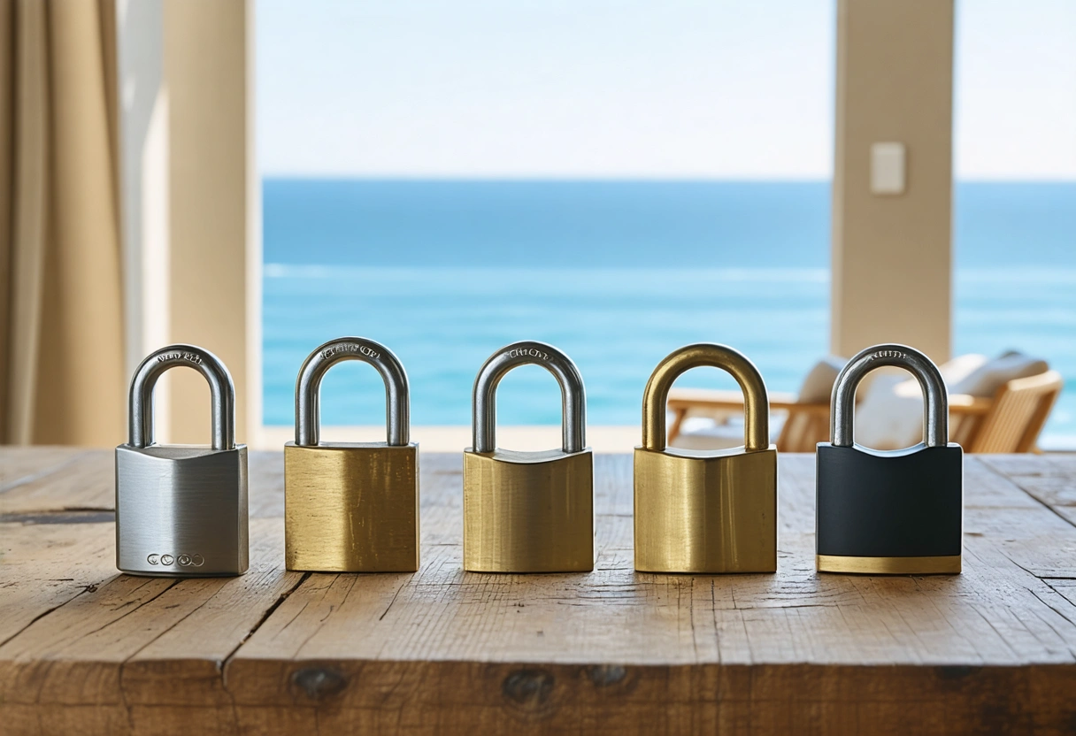 Assortment of marine-grade stainless steel and brass locks on wooden table, coastal home