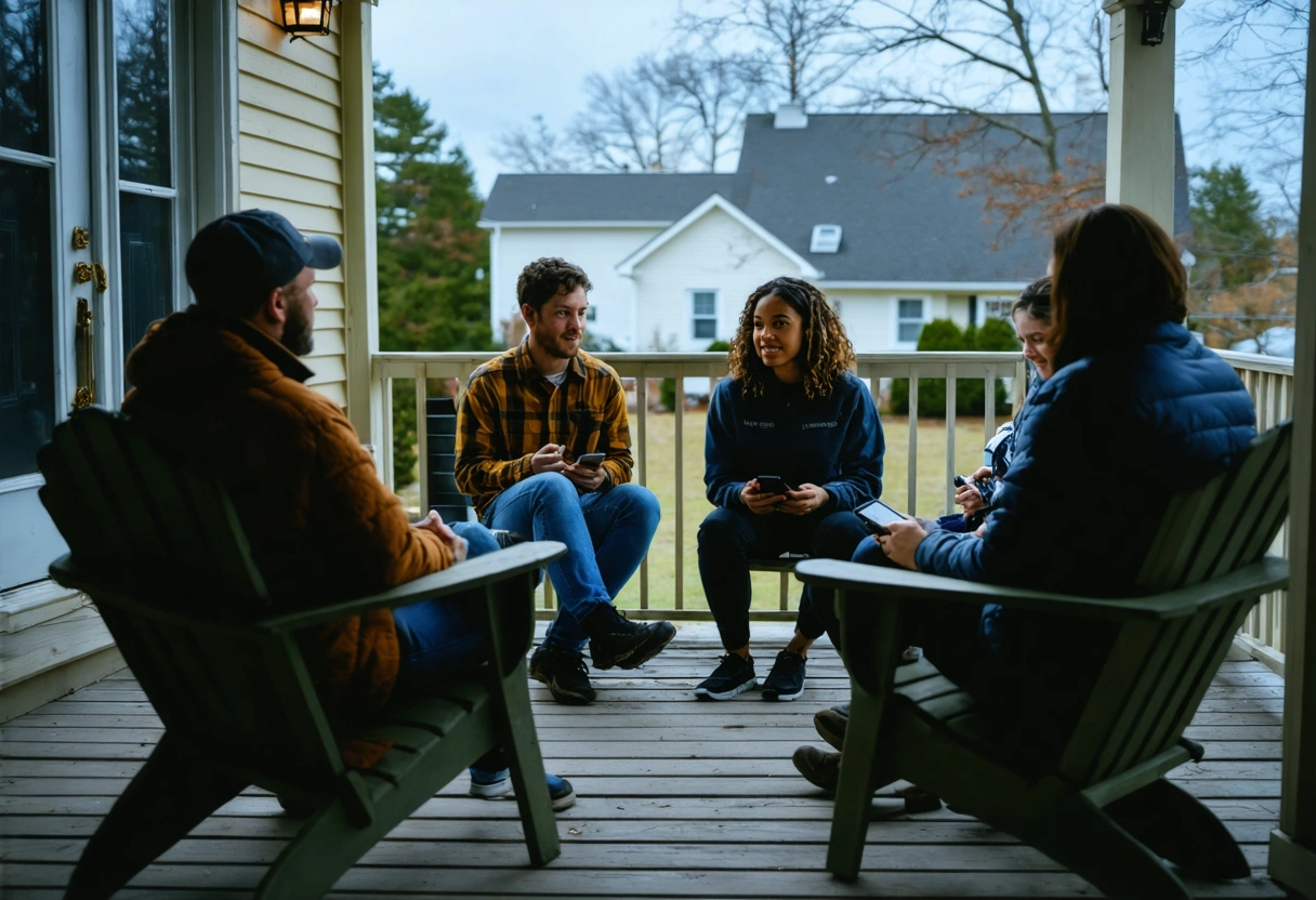 Englewood neighbors on porch discussing hurricane prep with phones, secure homes in background