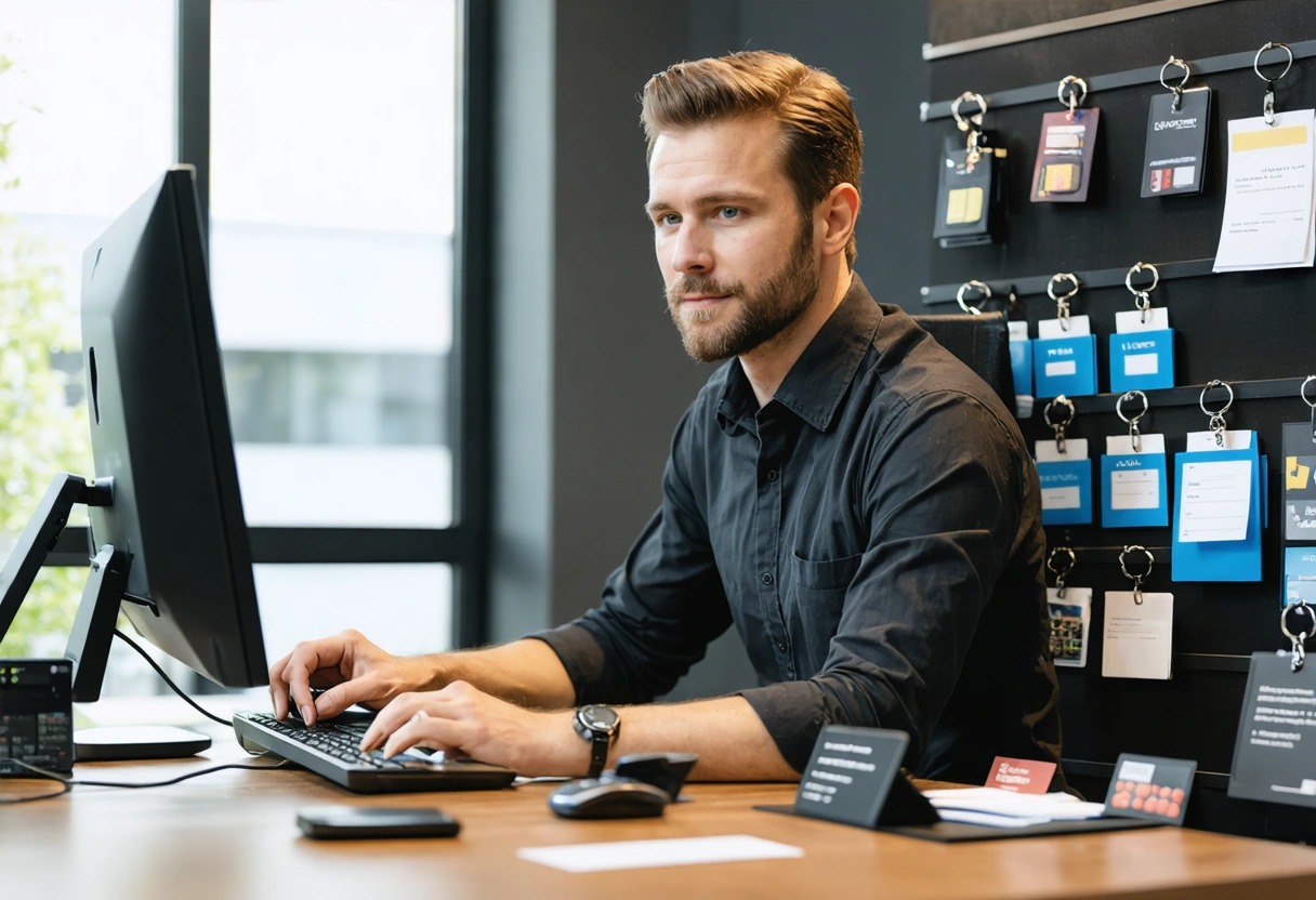 Office manager reviewing digital access logs on computer with keyless entry fobs nearby