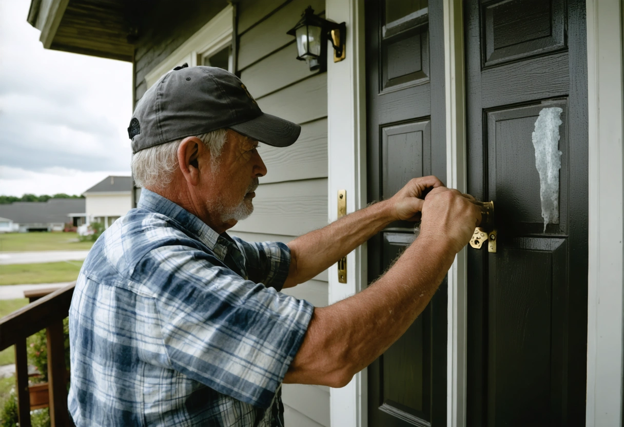 Homeowner inspecting damaged front door lock after hurricane, debris and temporary boards on porch