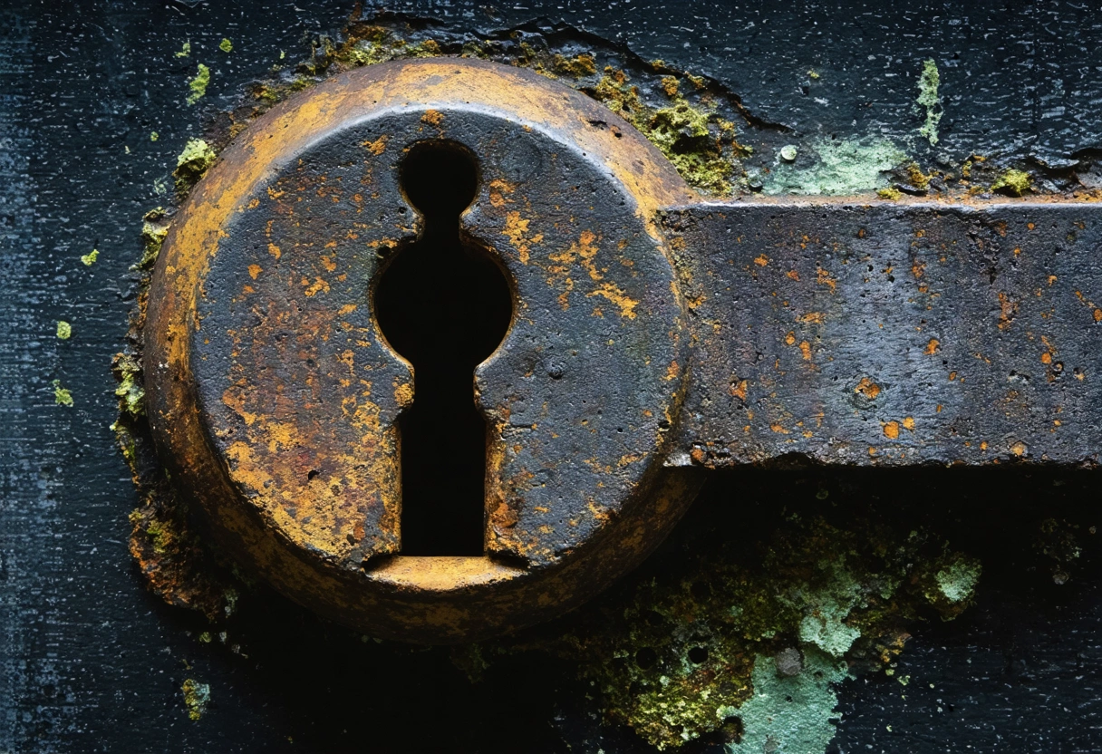 Close-up of rusty steel lock cylinder with corrosion and mold in humid indoor air