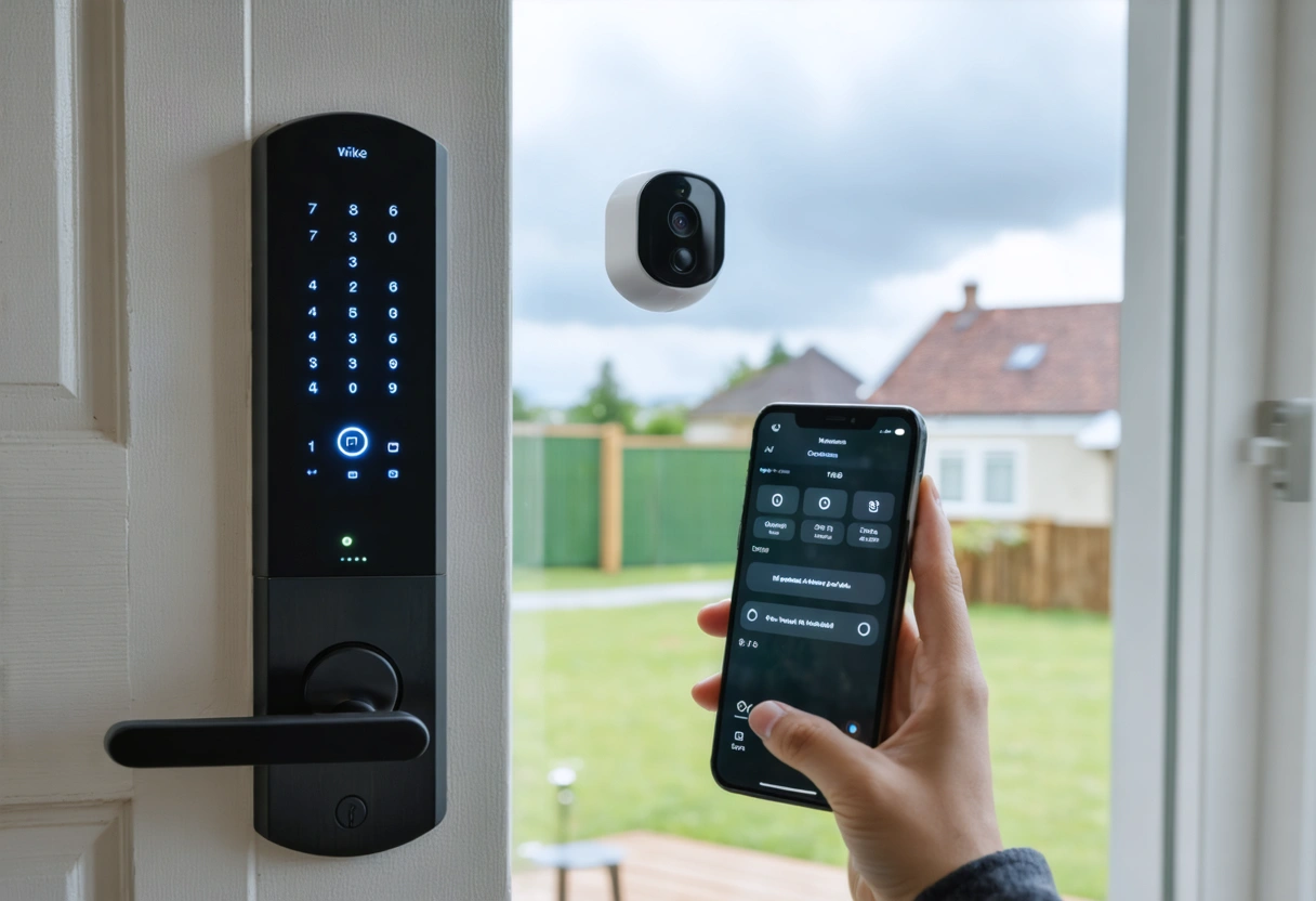 Modern smart lock and security app on smartphone, wireless camera, storm clouds outside window