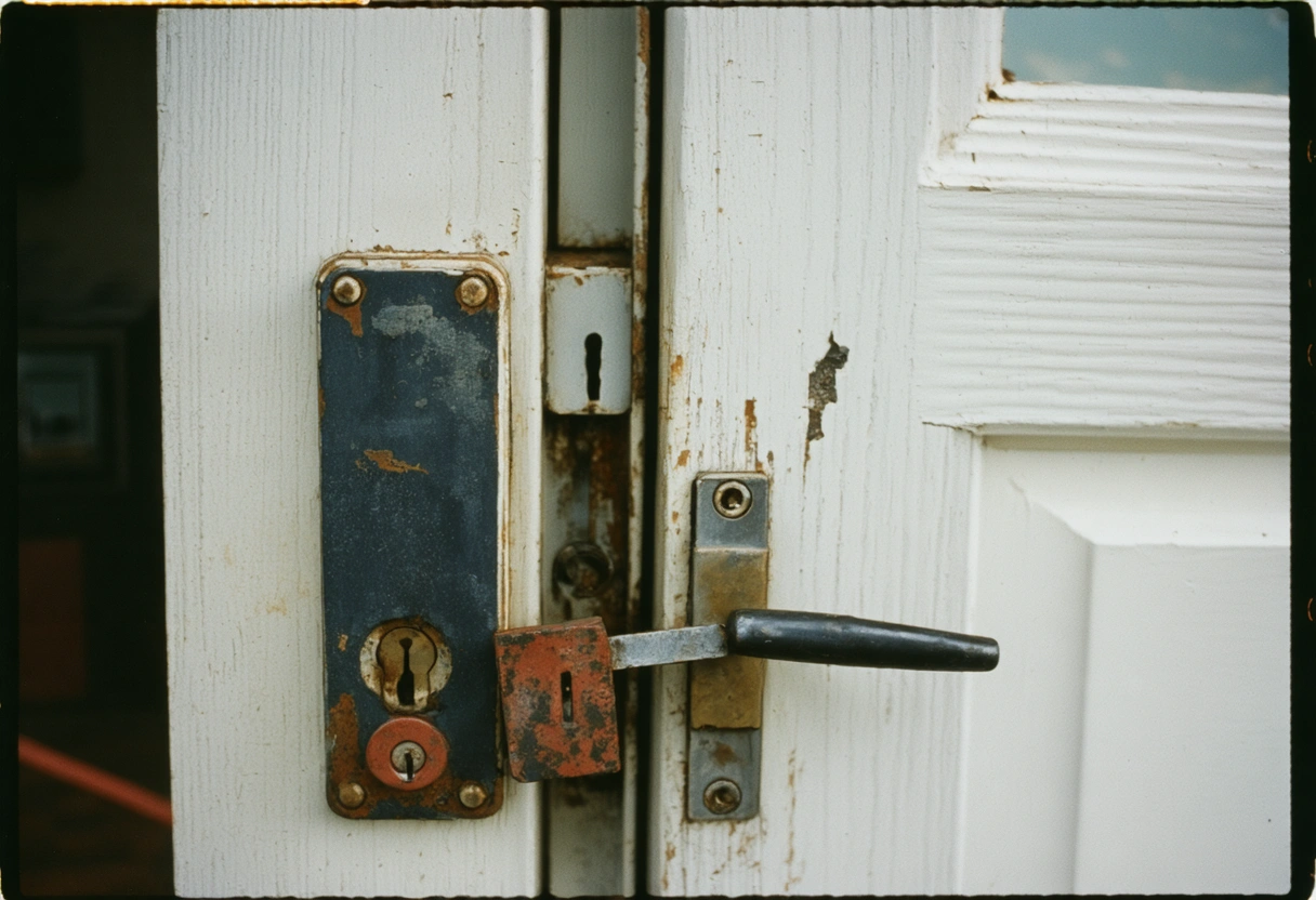 Locksmith inspecting corroded exterior door lock with tools, residential Florida setting
