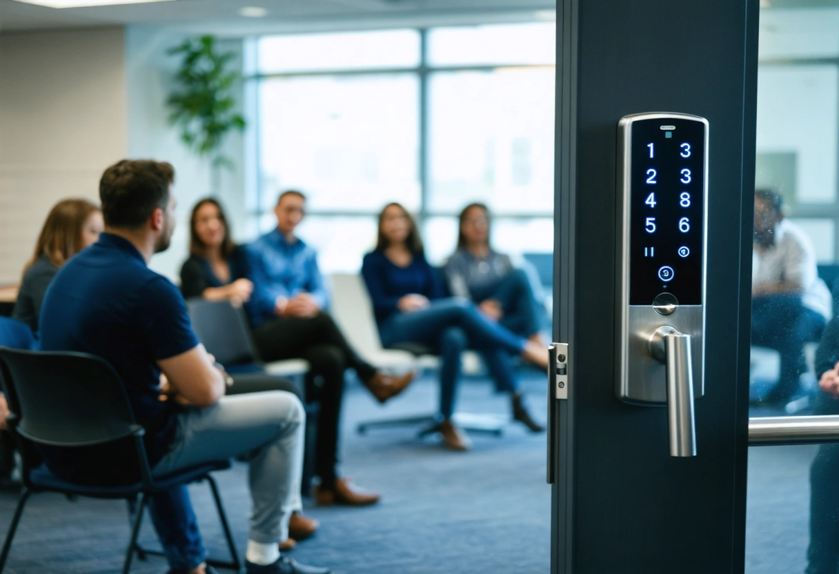 Security expert demonstrating keyless entry system to employees during office training session