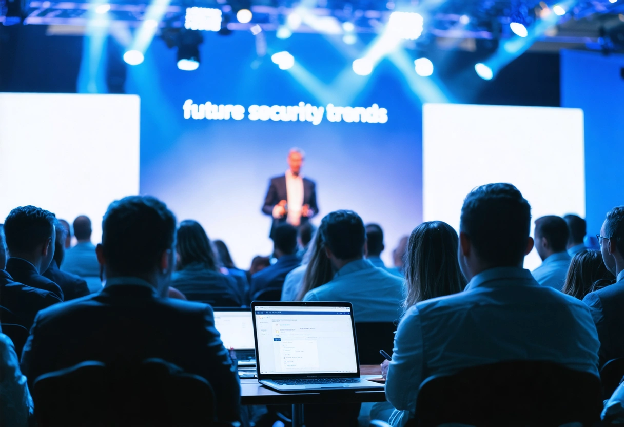 A business conference with a speaker discussing future security trends. Attendees take notes on laptops.