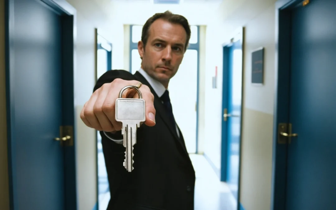 Business manager with master key in bright office corridor, symbolizing security and control.