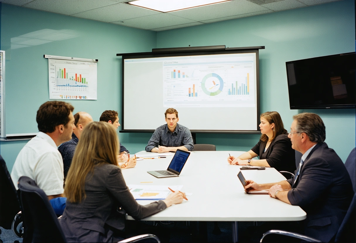 A business meeting room in Englewood, Florida, with a diverse team discussing access control options.