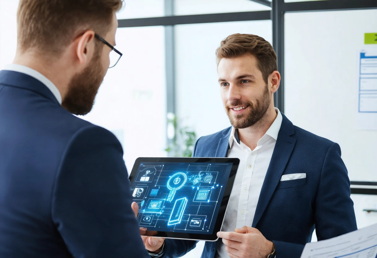 A business owner discussing security solutions with a locksmith in an office setting. A master
