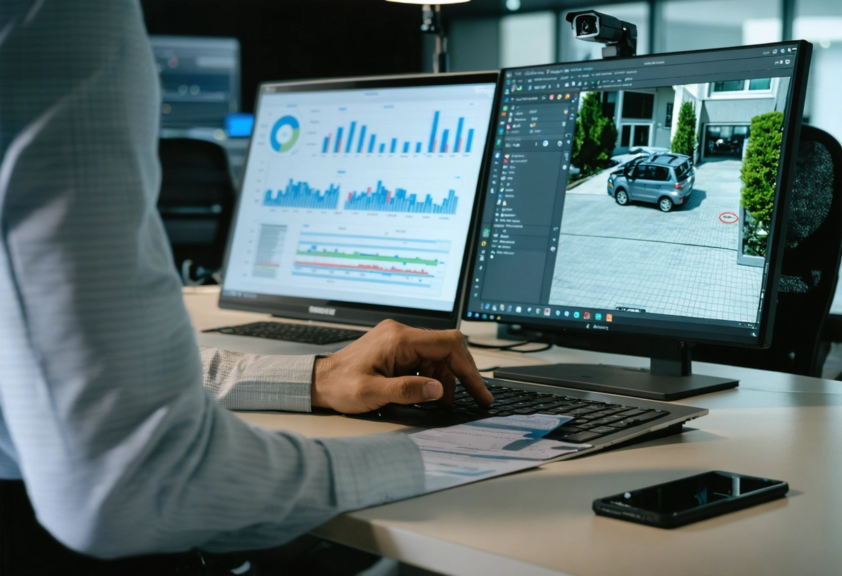Business owner reviewing security budget with calculator and brochures