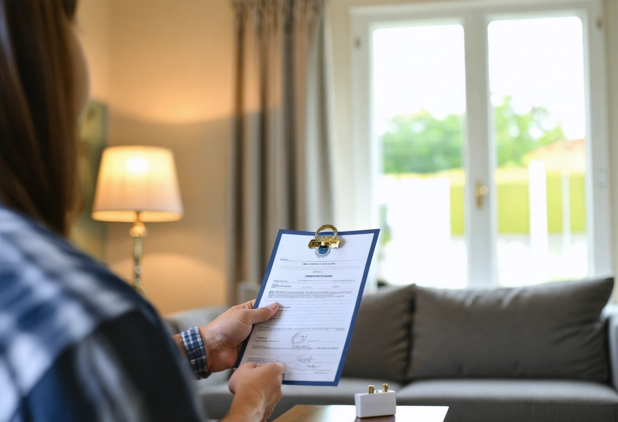 Locksmith presenting license to homeowner in bright living room.