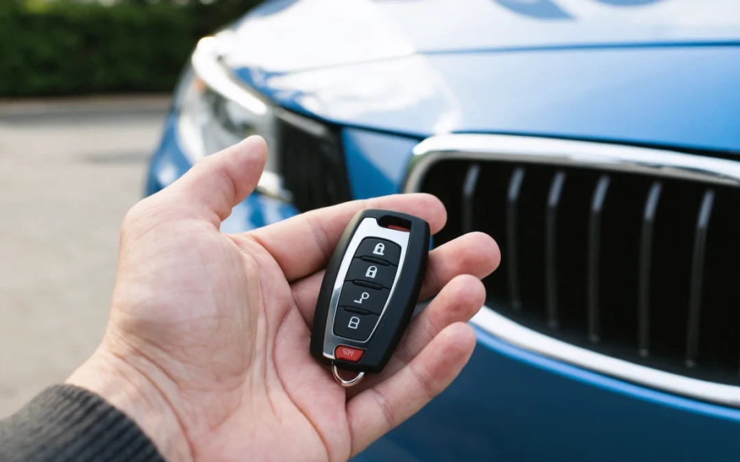 Close-up of car key fob in hand, car in background, daylight setting.
