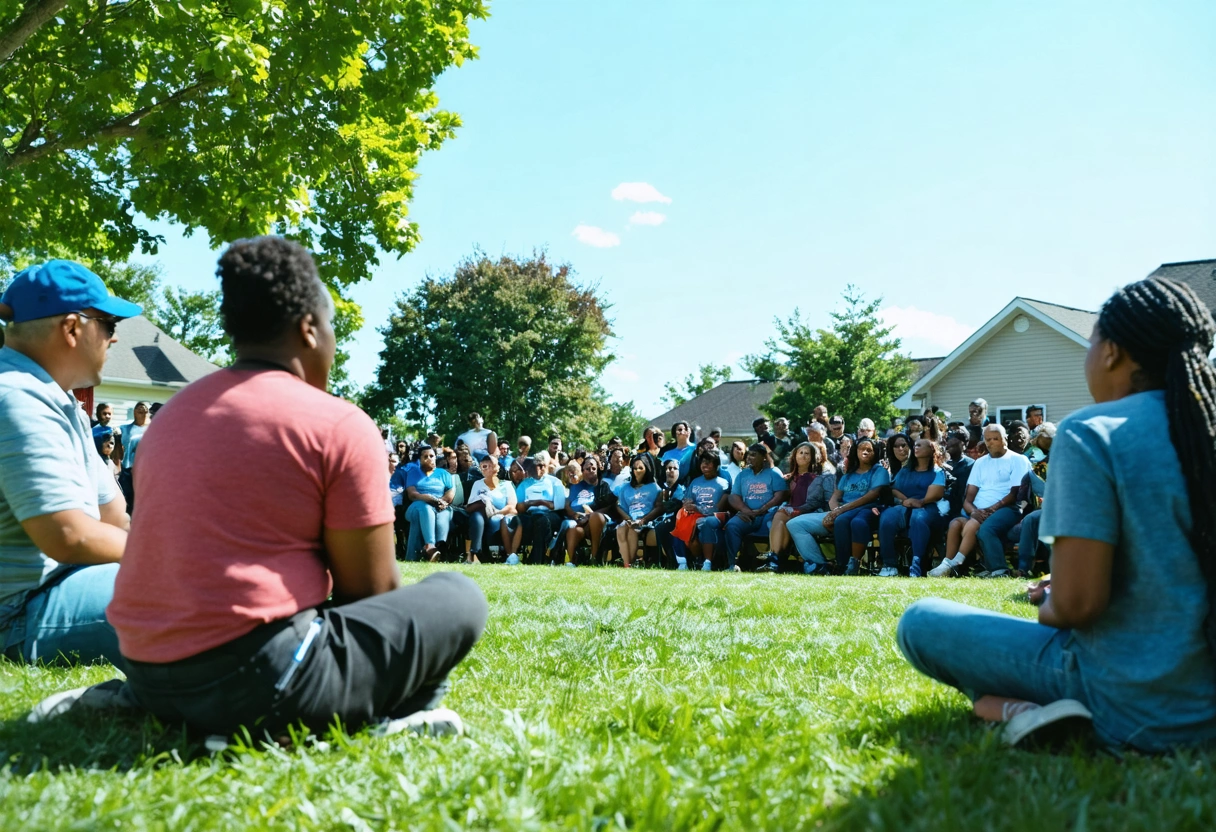 Community meeting in park discussing hurricane preparedness under clear skies