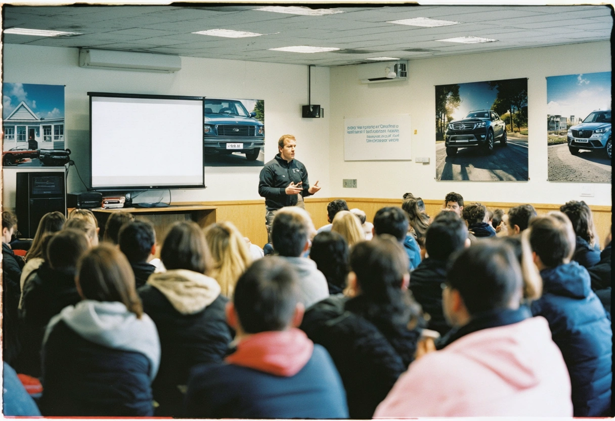 Workshop with speaker discussing vehicle security, attendees listening attentively