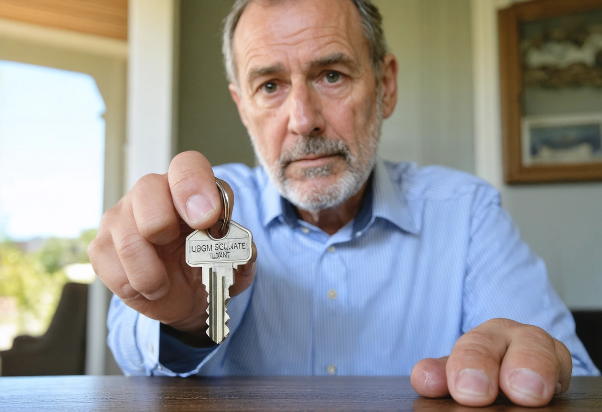 Homeowner examining keys with 'Do Not Duplicate' mark indoors.