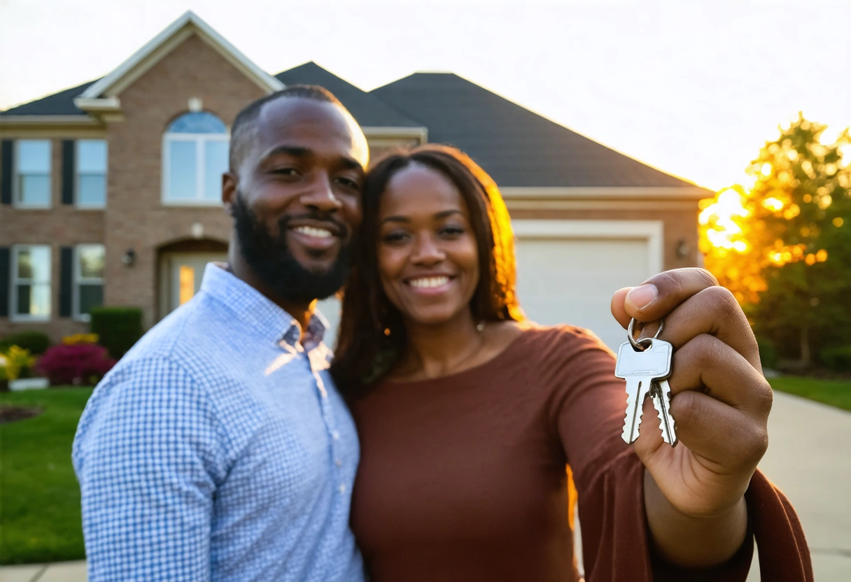 A couple standing in front of their new Englewood home, holding a new set of